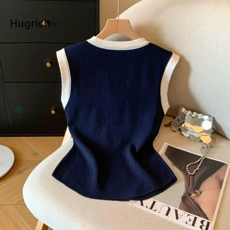 Women's Sleeveless T Shirt Elegant Button Round Neck Colorblock Knit Sleeveless Tshirts Summer Elasticity Commuting Tops