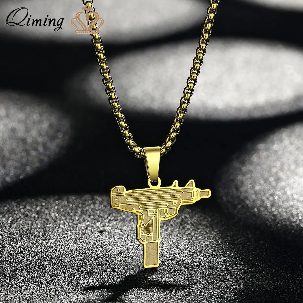 QIMING Stainless Steel Street Gangster Uzi Gun Necklace Men Jewelry Punk Hip Hop Rapper Vintage Pendant Necklace Gift