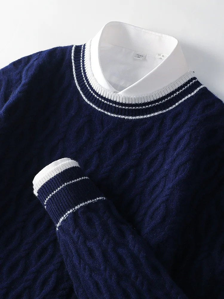 2025 Men's Autumn Winter O-Neck Pullover Casual Loose 100% Merino Wool Knitted Sweater Warm Comfortable Business Clothing Tops