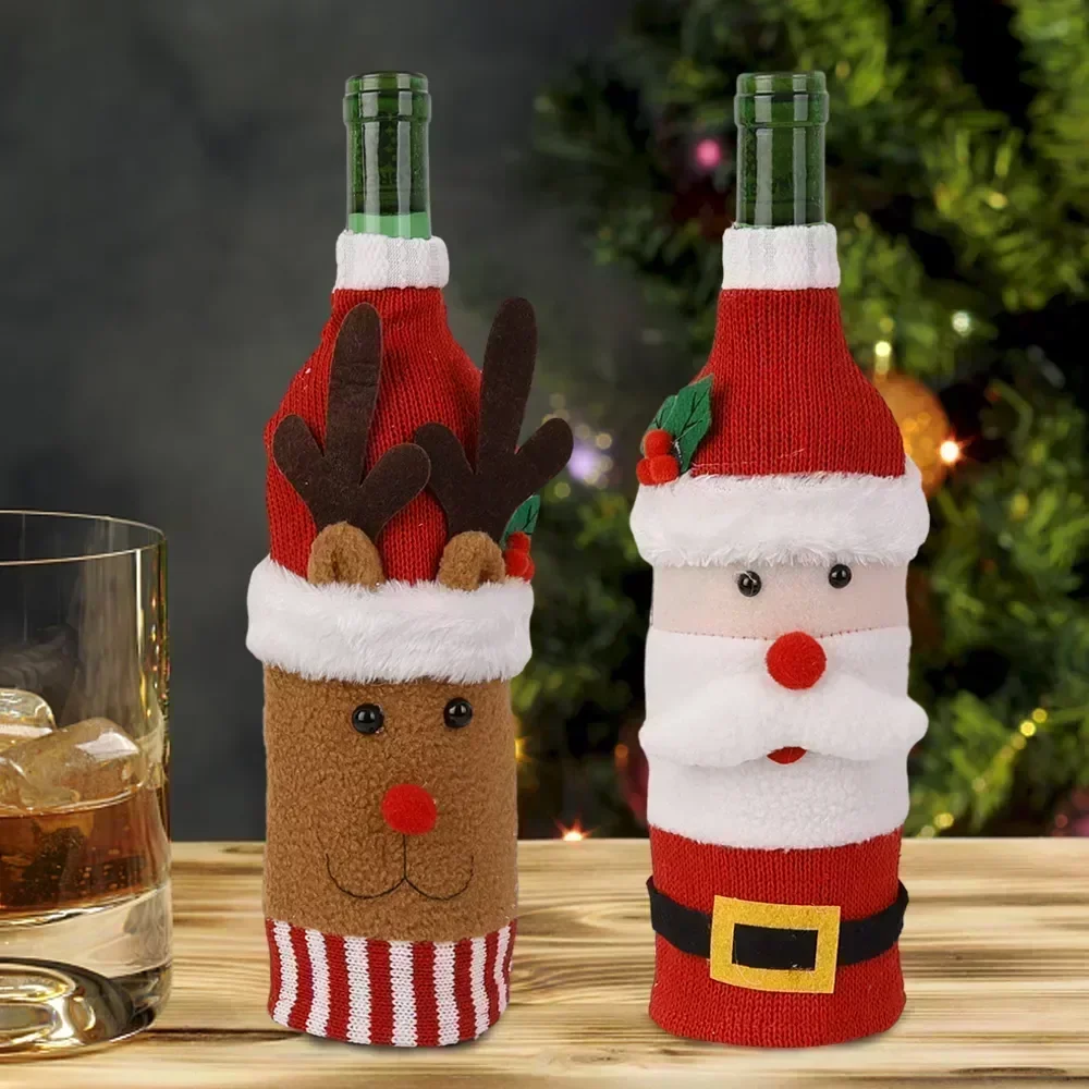 Conjunto de capa de garrafa de vinho de natal santa boneco de neve tecido sacos de garrafa de vinho para festa de natal decorações de mesa de jantar