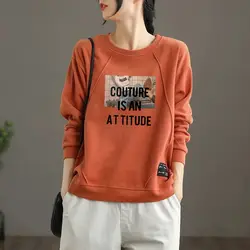 Women's Clothing Spring Autumn Pullover Lantern Long Sleeve Letter Geometric Round Neck Printing Hoodies Office Lady Casual Tops