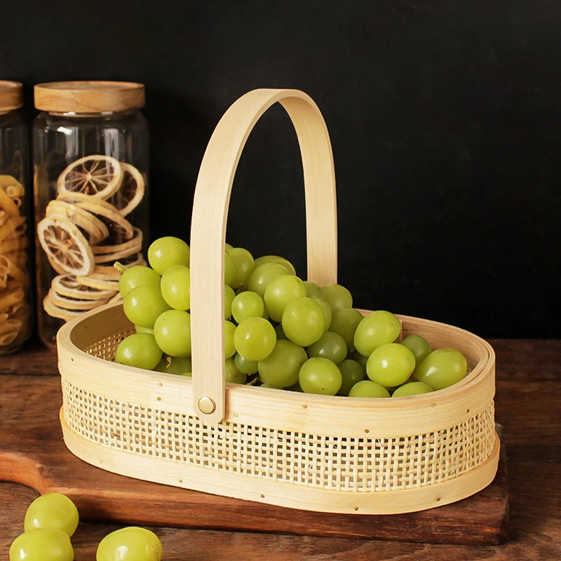 

Vine Woven Storage Basket Leather Handle Fruit Bread Basket Circular Bamboo Woven