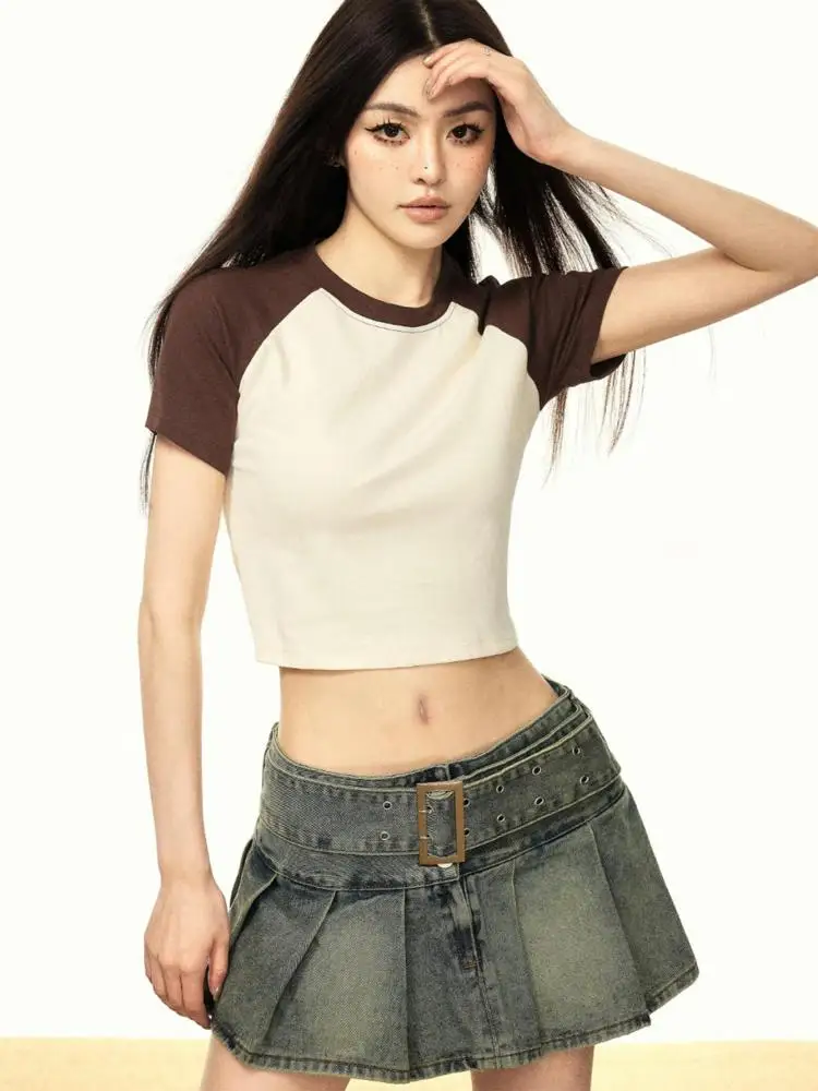 

Seeslim Streetwear Patchwork T Shirt Women Clothes Slim 100% Cotton Slim Summer Tops Short Sleeve Crop Top Y2k Tees Tshirts Chic