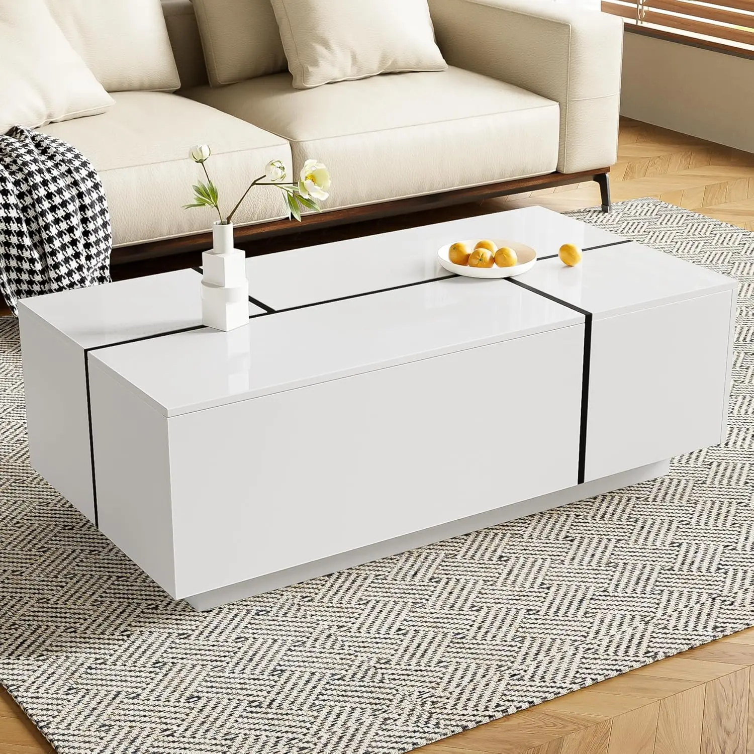 

Modern High Gloss Coffee Table With Hidden Storage Space, 47.2-Inch Wooden Extending Top Center Table With Drawers For Living Ro