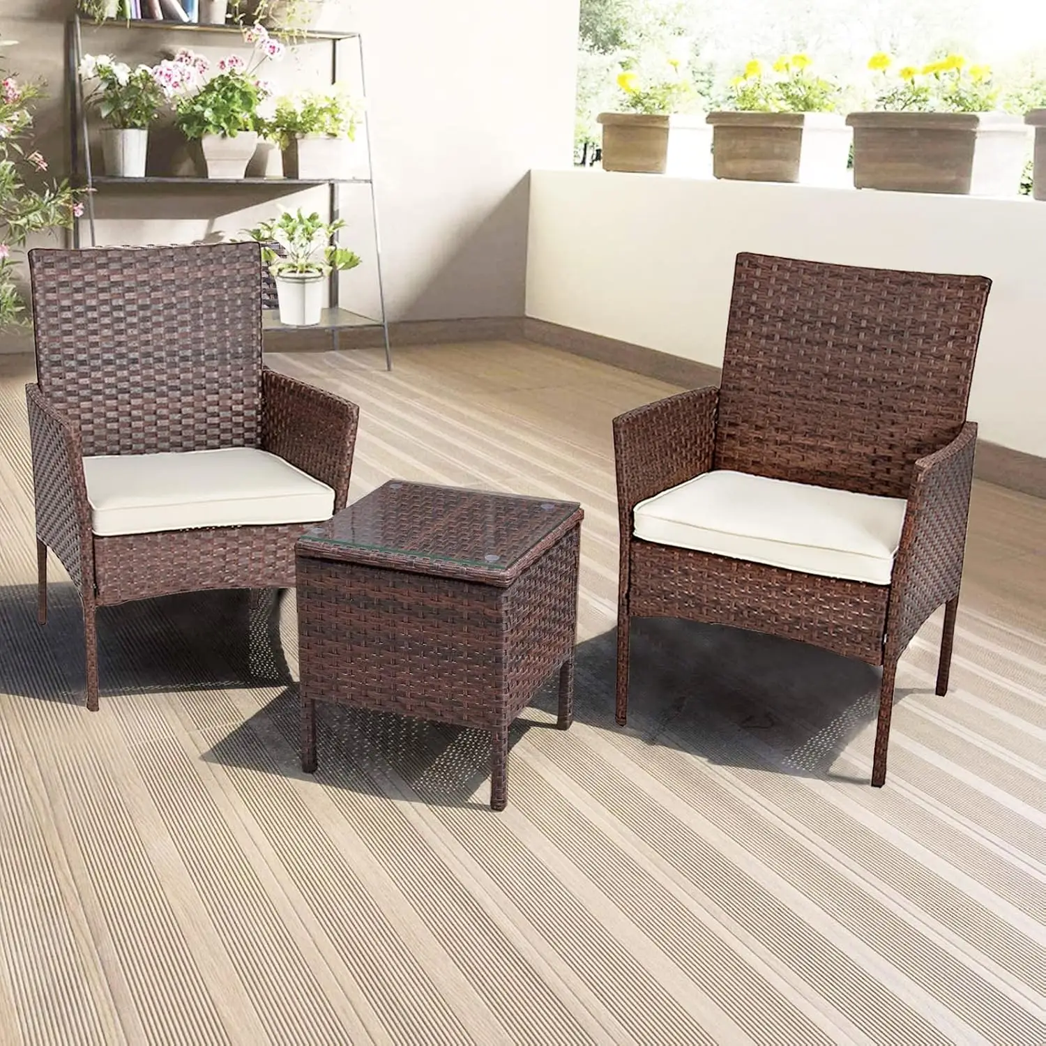 3-Piece Outdoor Patio Rattan Wicker Conversation Set With Coffee Table, Mix Brown, Customized