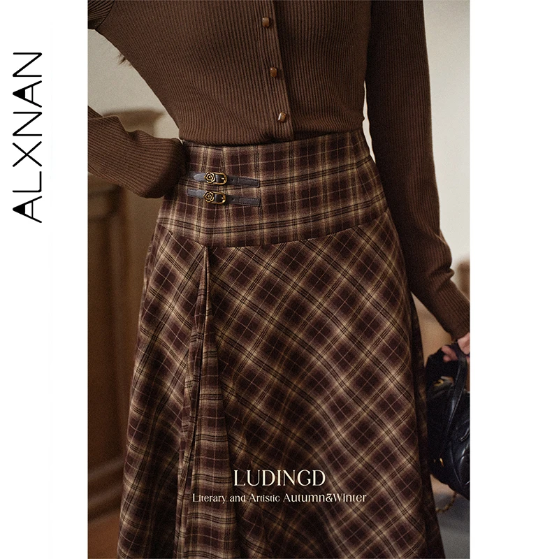 ALXNAN المرأة تنورة الخريف جديد خمر منقوشة تنورة طويلة ملفوفة الاتجاه 2025 أنيقة غير النظامية هيم متقلب ميدي التنانير L569117