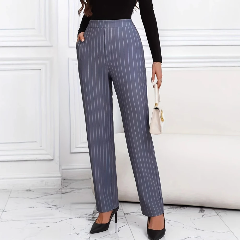 بنطال نسائي أنيق مستقيم الساق مع جيوب، تصميم مخطط مطاطي للعمل والتنقل #1