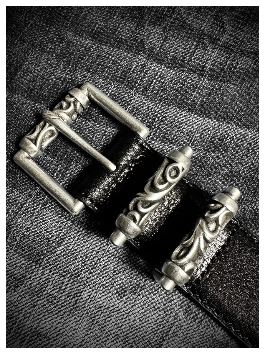 Dark Punk Unisex Vintage Casual Leather Belt Ancient Silver Pin Buckle Vegetable Tanned Leather Cowhide Jeans Belt