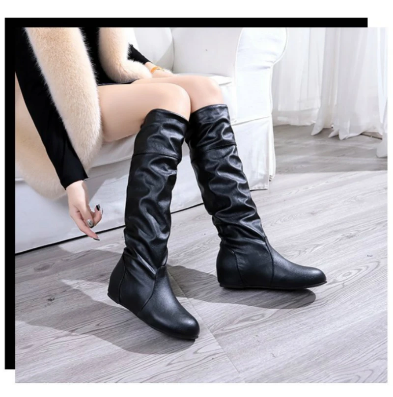 Women Leather Mid Calf Boots Casual Slip on Autumn Winter Long Boots Flats Fashion Pleated Round Toe Black Elegant Botas Female