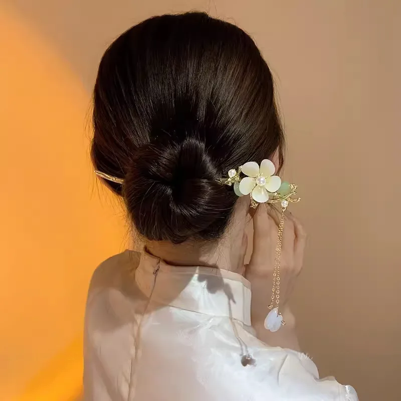 Elegante chinesische Stil Haarstab Haarspange Dutt Quaste Haarnadel traditionelle Blumenmuster Frisur Frauen Schmuck Haarschmuck – Detail 5