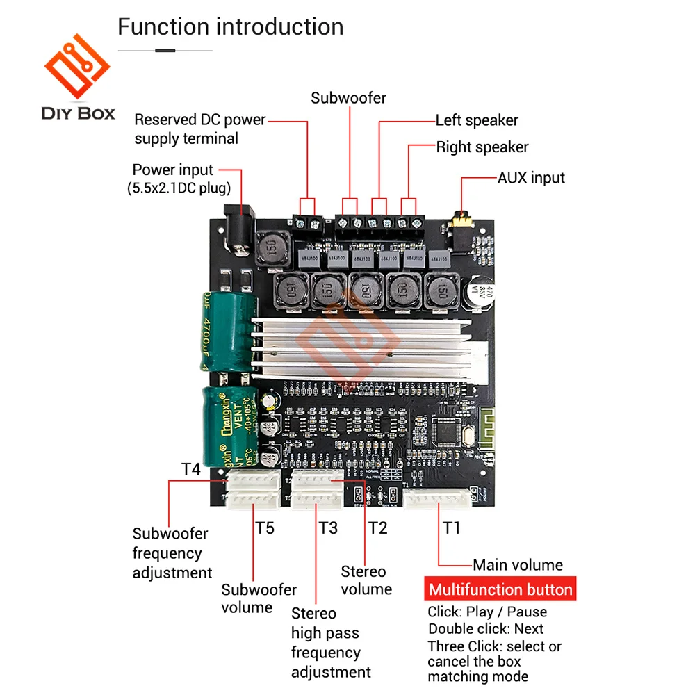 2.1 Channel Bluetooth 5.1 Audio Bass Power Amplifier Board TPA3116 Module TWS to Box Potentiometer External 50WX2+100W