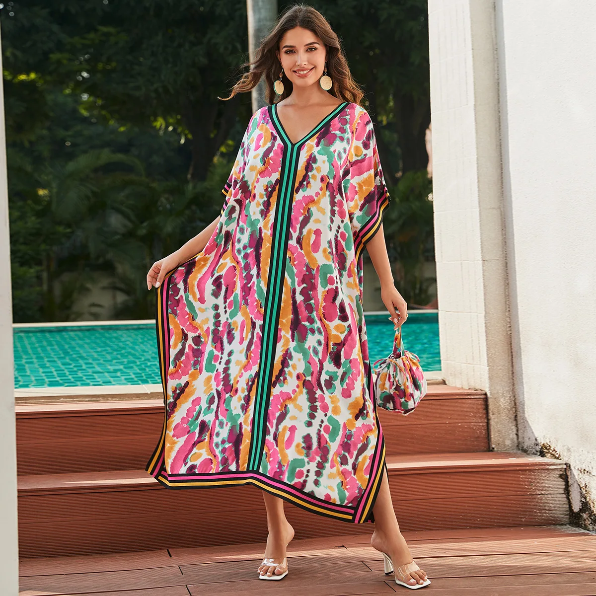 Caftán bohemio de talla grande con estampado colorido, ropa de playa, traje de baño, bata de casa, vestido Maxi de verano, con bolsa pequeña, 2024