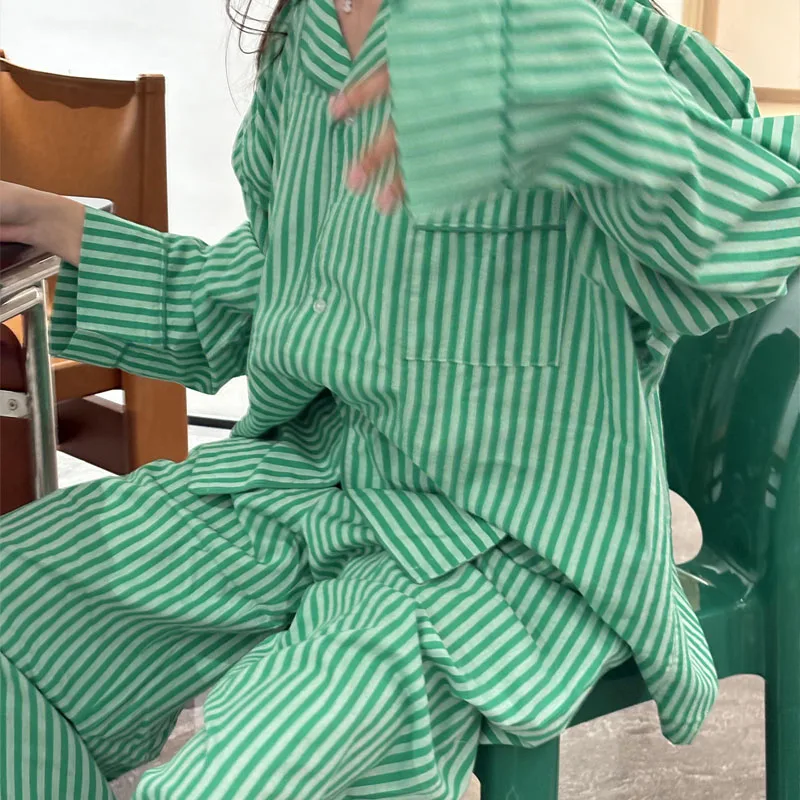 Women Oversize Stripe Pajamas Set Loose Long Sleeves Lapel Homewear 2 Pcs Shirt&pants Spring Autumn New Loungewear Sleepwear 4