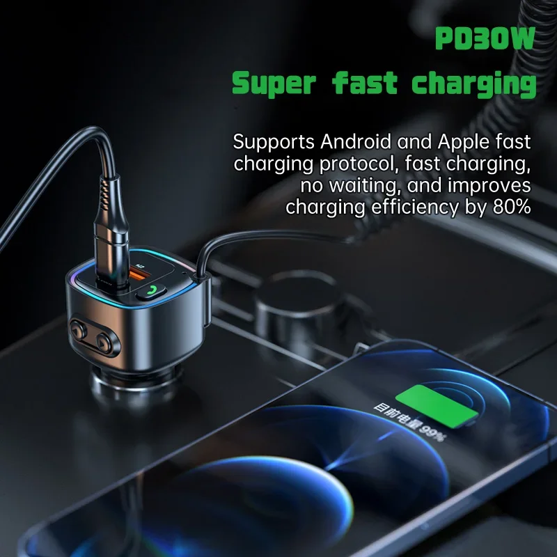 

Bluetooth 5.4 Car Cigarette Lighter Charger Fast Charging PD 30W Handsfree Kit USB Playback Ambient Light with AUX Cable Adapter