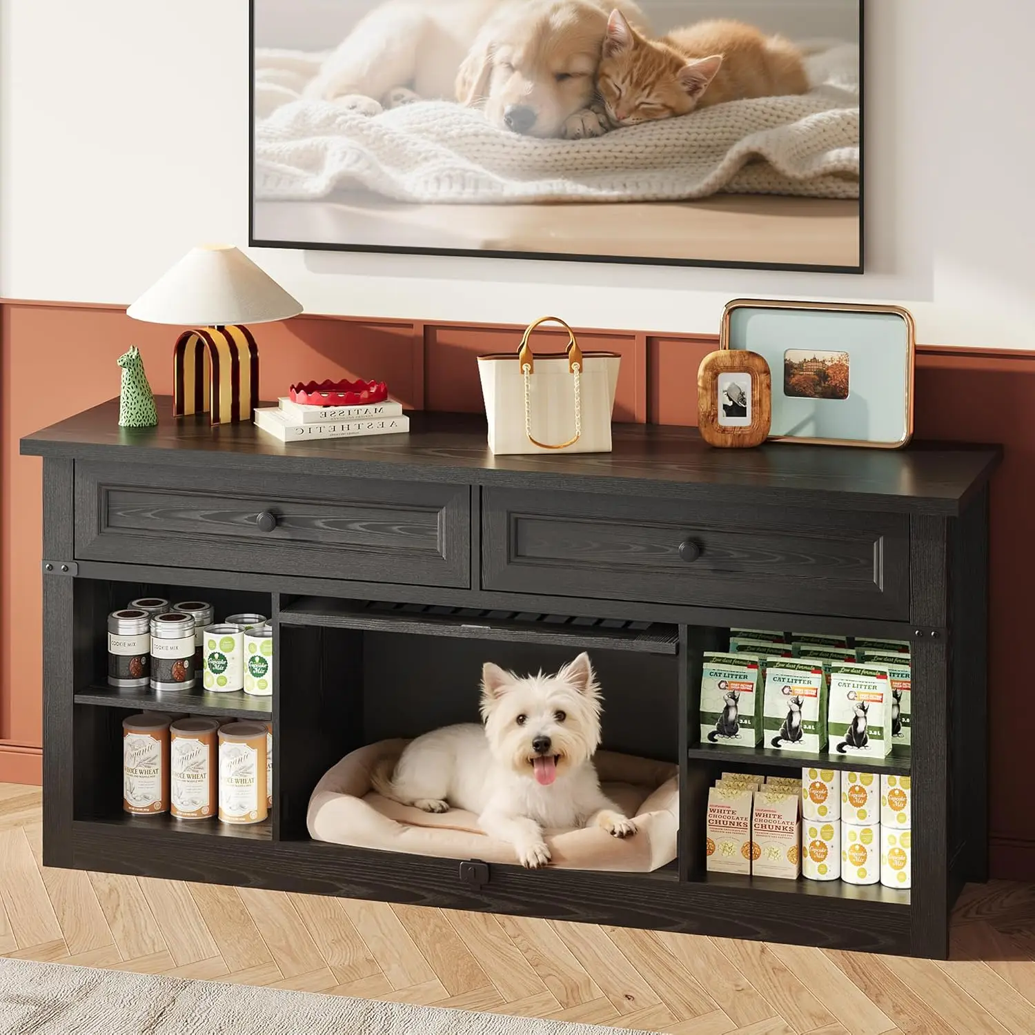 

Farmhouse TV Stand up to 65 Inch TV with 2 Storage Drawers & Open Shelves, Entertainment Center with Small Dog/Cat, Customized