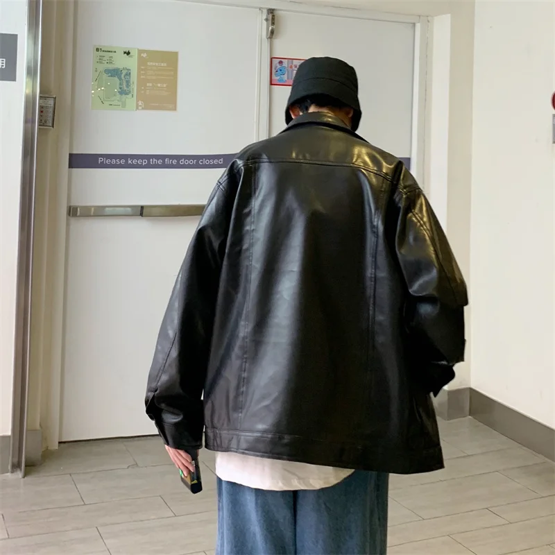 Czarna sztuczna skóra kurtka mężczyźni jesień mężczyzna kurtka Hip Hop PU skóra mężczyzna odzież uliczna Oversize koreański Trend kurtki płaszcze