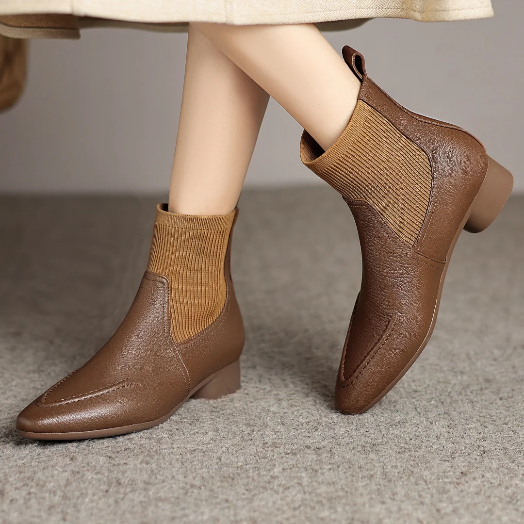 

Women's sheepskin stretch knit patchwork slip-on flats autumn ankle boots pointed toe high quality soft comfortable short boots