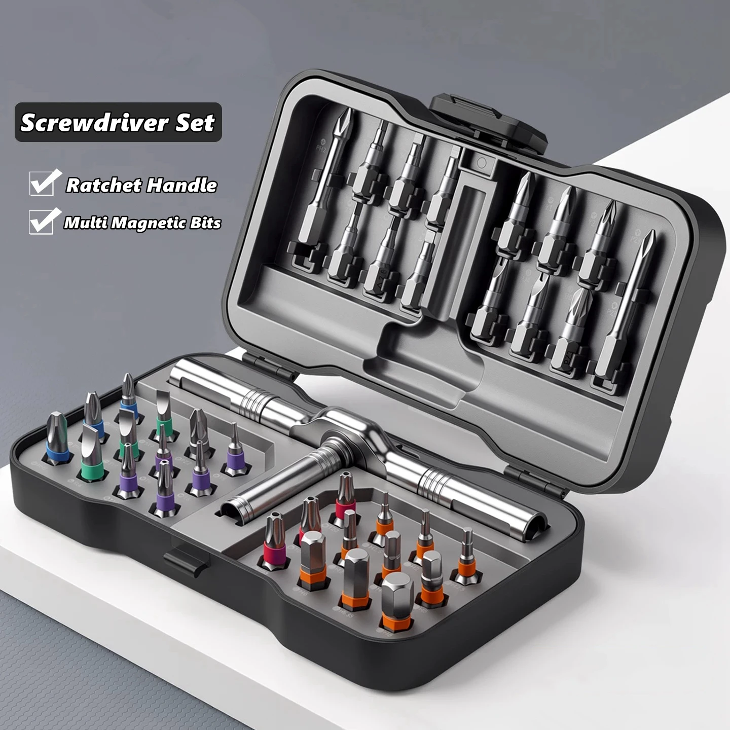 Magnetic Screwdriver Set Compact Portable Ratcheting Screwdriver with Reversible High Torque Handle for Electronics Project