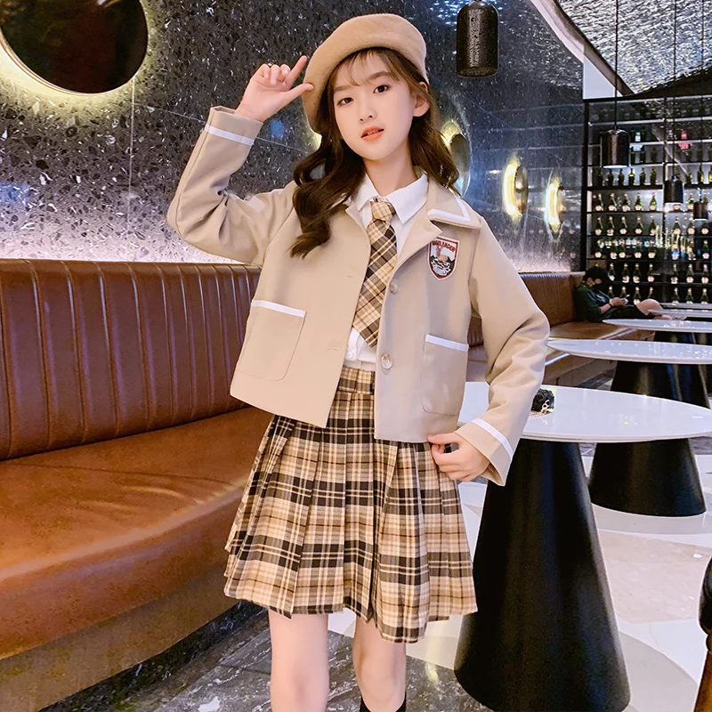 Spring and Autumn New Children\'s Set Girl\'s Fashion Suit Shirt Plaid Pleated Skirt Tie Set Princess Party Uniform Academy Style