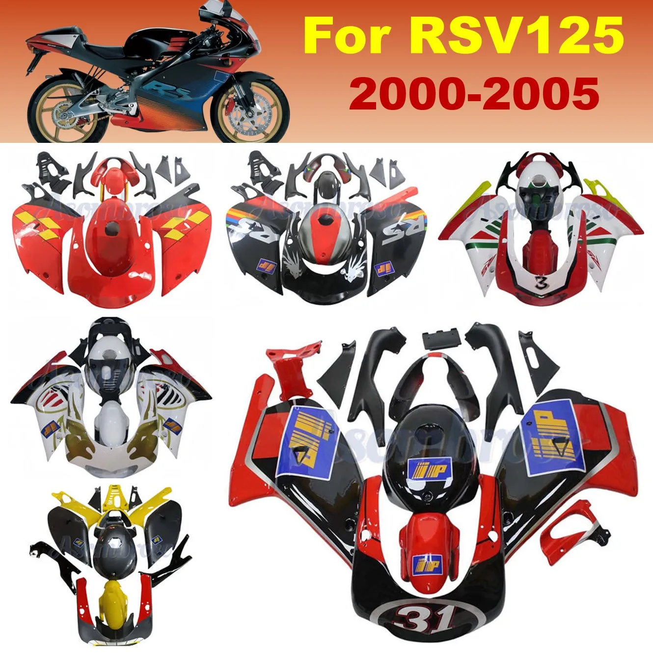 ABS-Spritzguss-Verkleidungssatz für RS125 1999 2000 2001 2002 2003 2004 2005, individuelle Motorradverkleidung