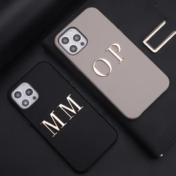 Luxury Custom Name Big Gold Metal Letter Artificial Leather For iPhone 11 12 13Pro Max 14Plus Protective Personalization Cover