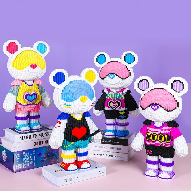 Colorful Bear Micro Building Blocks DIY Assembly 43cm Painting Bear Mini Brick 3D Model Figure Toys for Home Office Decor