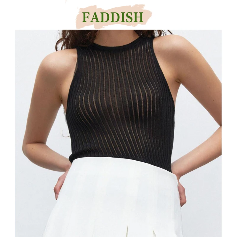 FADDISH 2024 Summer Woman Fashion Sexy Hollow Out Knitted Vest Tops Female Solid Color Casual Sleeveless Round Neck Tank