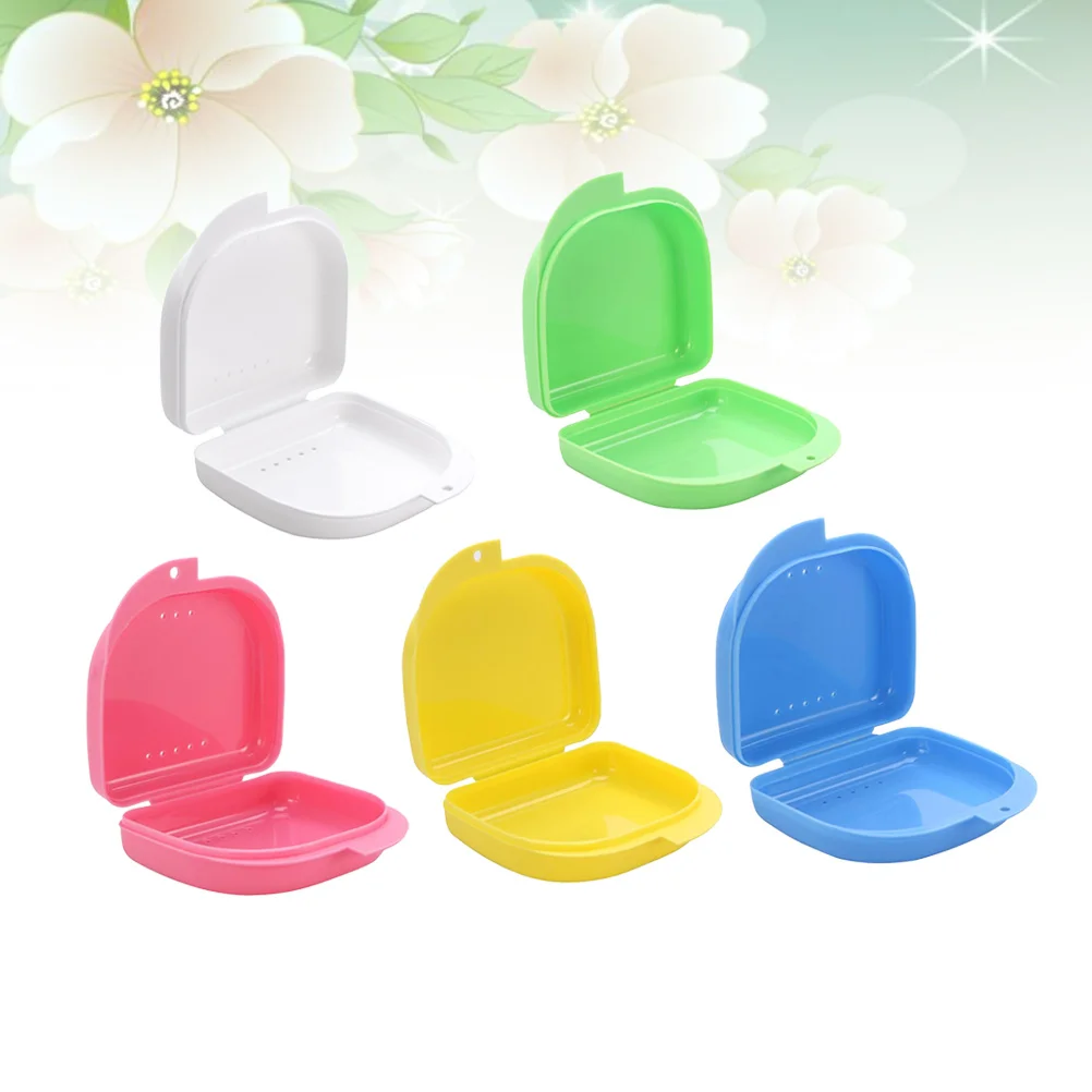 

5 pcs Denture Case Ventilation Holes Snap Lock Lid Retainer Storage Container For Mouth Guard Orthodontic Appliance Durable