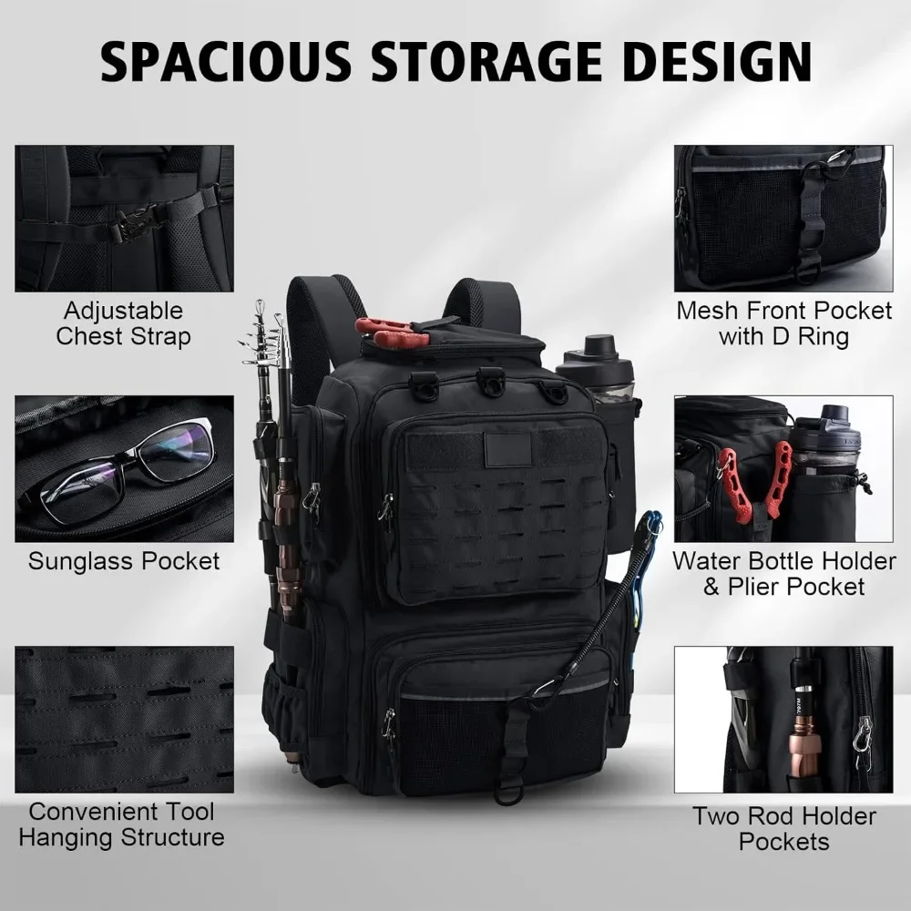 Fishing Backpack with 4 Tackle Boxes with Rod Holder, 600D Fishing Bag to Store Fishing Gear, Tackle Bag with Rain Cover