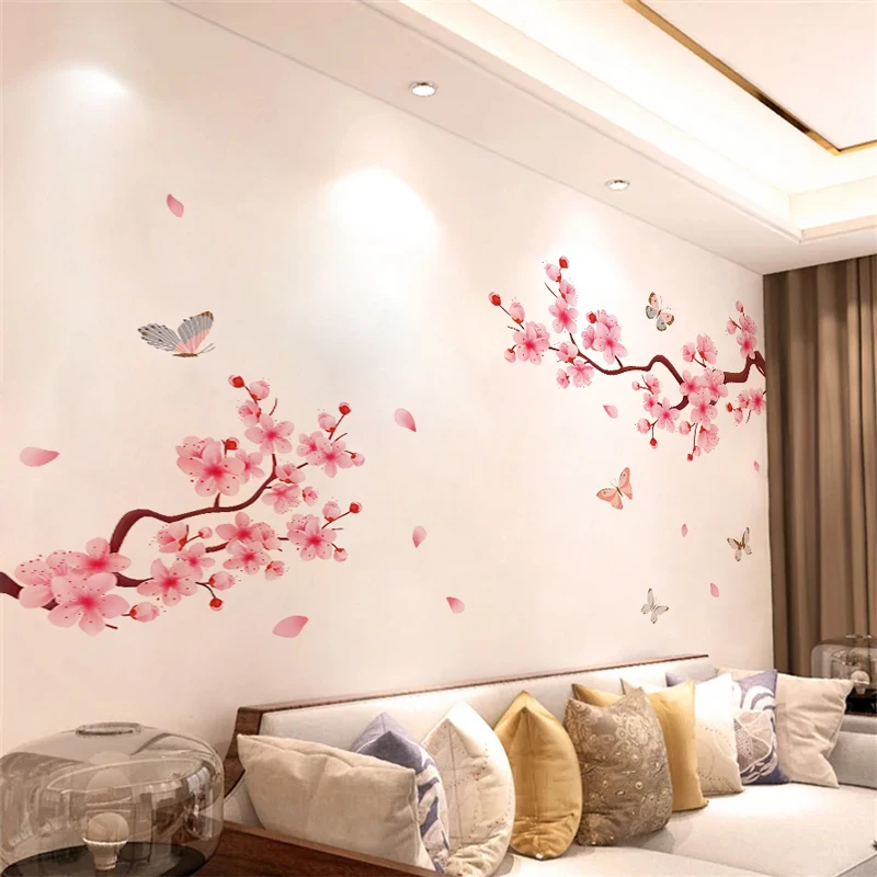 Ink Wash Peach Blossom Wall Stickers For Living Room Bedroom Home Flower Background Wall Decor Self-adhesive Sticker Wallpaper