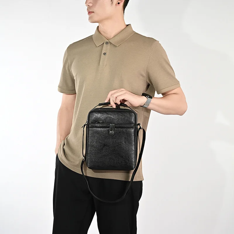 PU leather men's cross-body backpack across large capacity street multi-pocket vertical square business travel shoulder bag