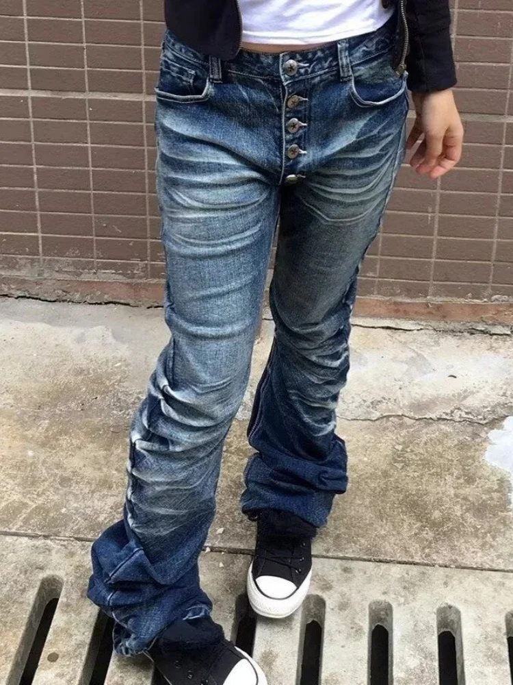 

2025 Ropa Y2K Fashion Button Fly Washed Blue Slim Pleated Jeans Pants For Women Clothing Streetwear Vintage Lady Denim Trousers