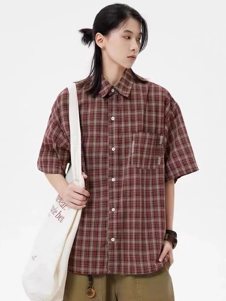 Koszula w kratę Harajuku Y2K damska streetwear oversize krótki rękaw retro bluzka japońska luźna kieszeń Bf letnia uniwersalna vintage top