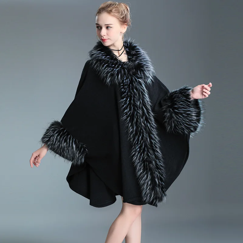 

VOLALO Autumn Winter New Elegant Knitted Shawl Cape Imitation Raccoon Dog Fur Ladies Cardigan Fur Coat