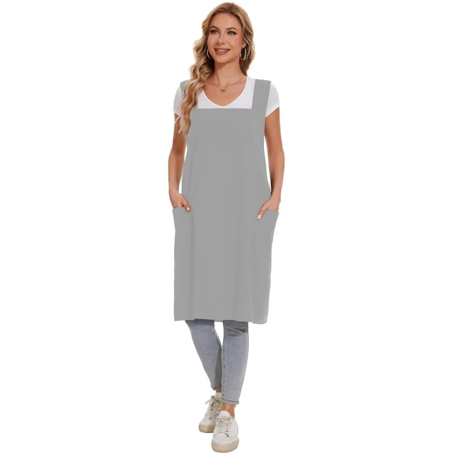 

Linen Cotton Aprons for Women Smock Cross-Back Apron with Pockets