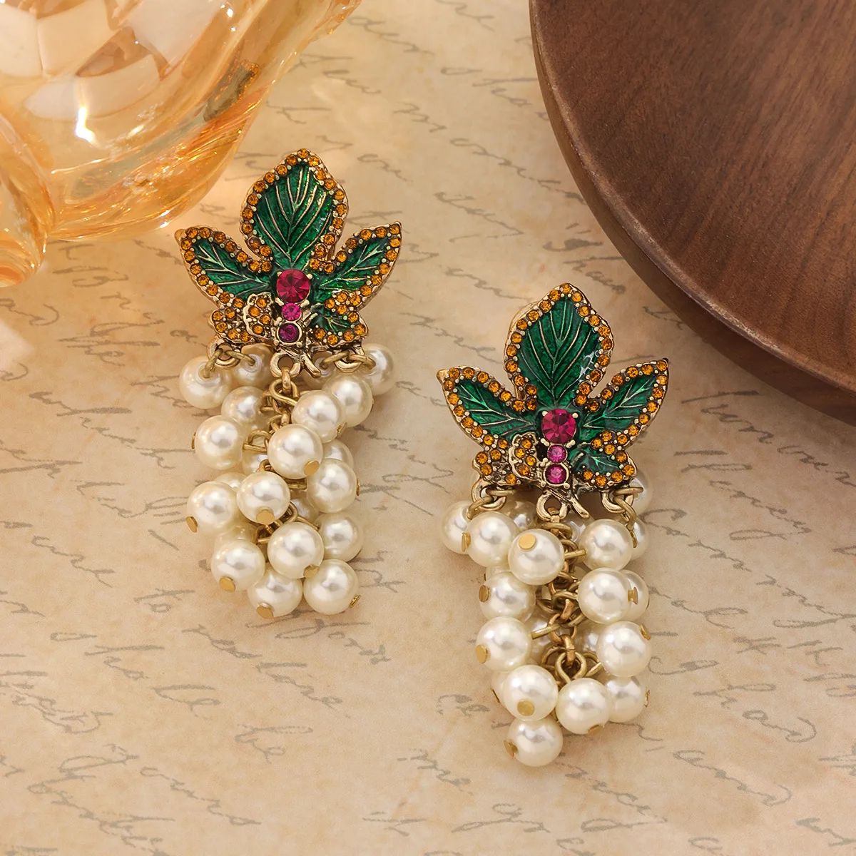 Vintage Style Green Leaf Inlaid with Diamonds and Purple Gemstone Grape Tassel Earrings