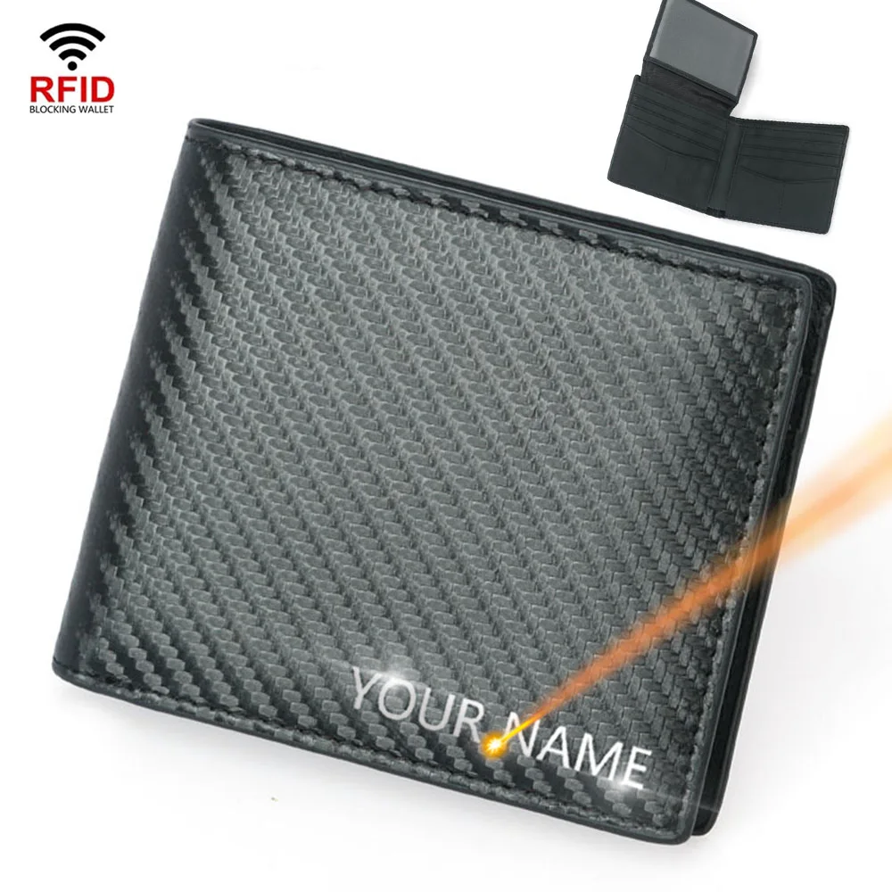 New Short RFID Men Wallets Carbon Fiber Name Customized Card Holder Male Wallet High Quality 2 Photo Holder Simple Men's Purses