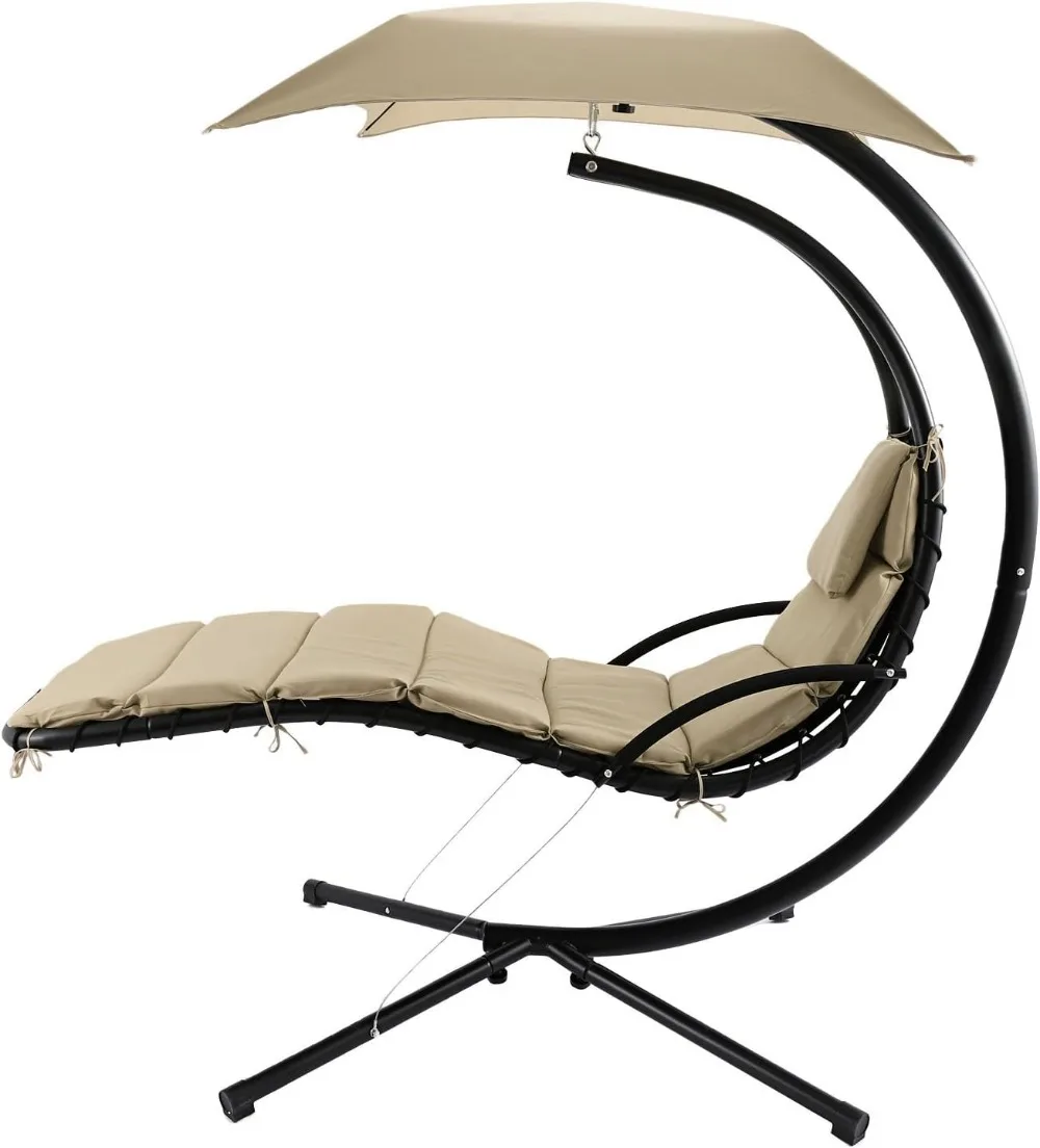 Floating Hanging Chaise Lounger Chair Swing Hammock with Canopy,350lbs Capacity (Beige)