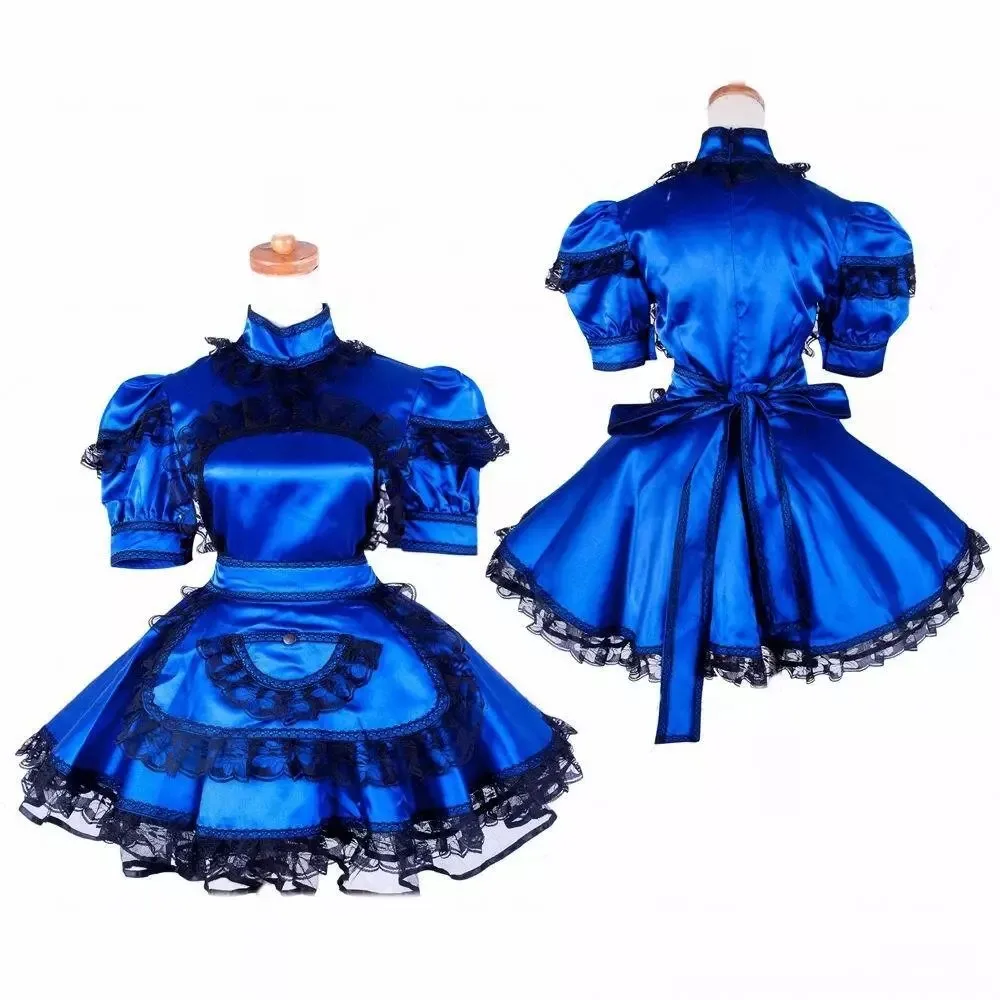 

Sexy sissy French maid blue satin lockable lace ruffled dress maid cosplay costume customizable