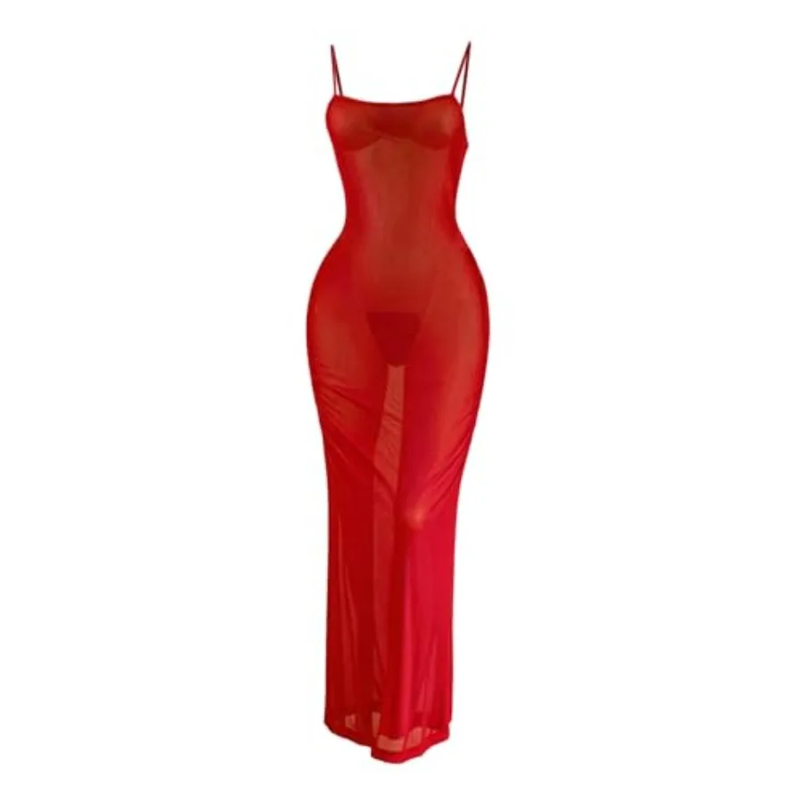

OYOANGLE Women's 2 Pcs Lingerie Set See Through Sheer Mesh Chemise Nightgowns String Thong Sets Club Party Dress
