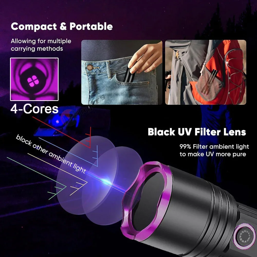 100W 365nm UV Flashlight USB Rechargeable UV Light High Power Black Light Flashlight for Pet Urine Detection, Scorpion,Resin