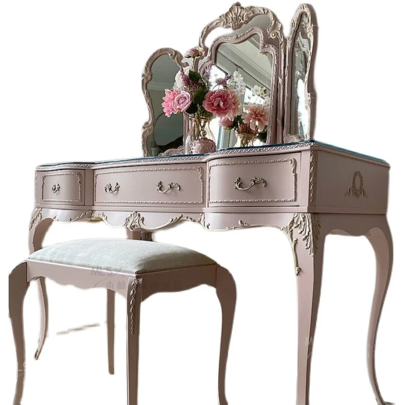 Light luxury solid wood dressing table, retro French princess style bedroom carving