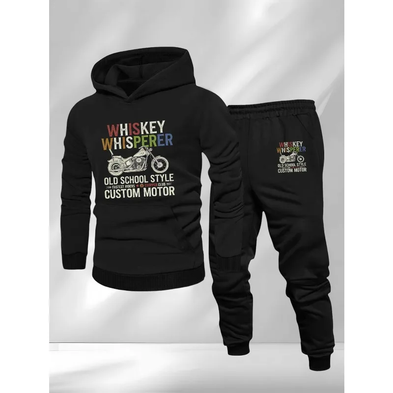 طقم سراويل بقلنسوة مطبوعة ثلاثية الأبعاد بأحرف دراجة نارية زرقاء عصرية للرجال من Street Fashion ملابس كاجوال يومية جماليات أزياء الشارع