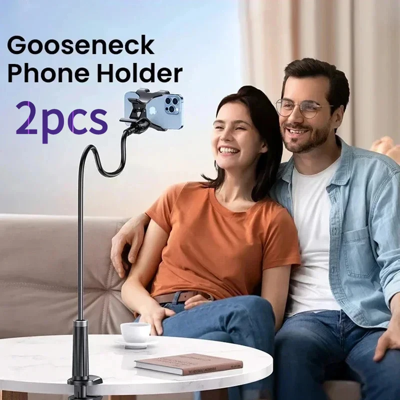 

2Pcs Lazy Bedside Desktop Phone Clamp Bracket, 100cm Flexible Long Arm Gooseneck Holder, Universal Overhead Live Stream Stand