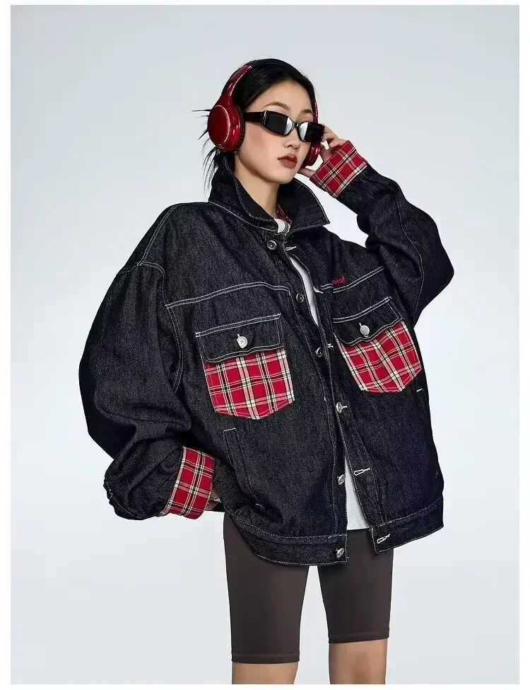 Autumn Women Vintage Loose Plaid Patchwork Denim Coat Female Casual Black Boyfriends Contrast Color Jeans Jacket Streetwear