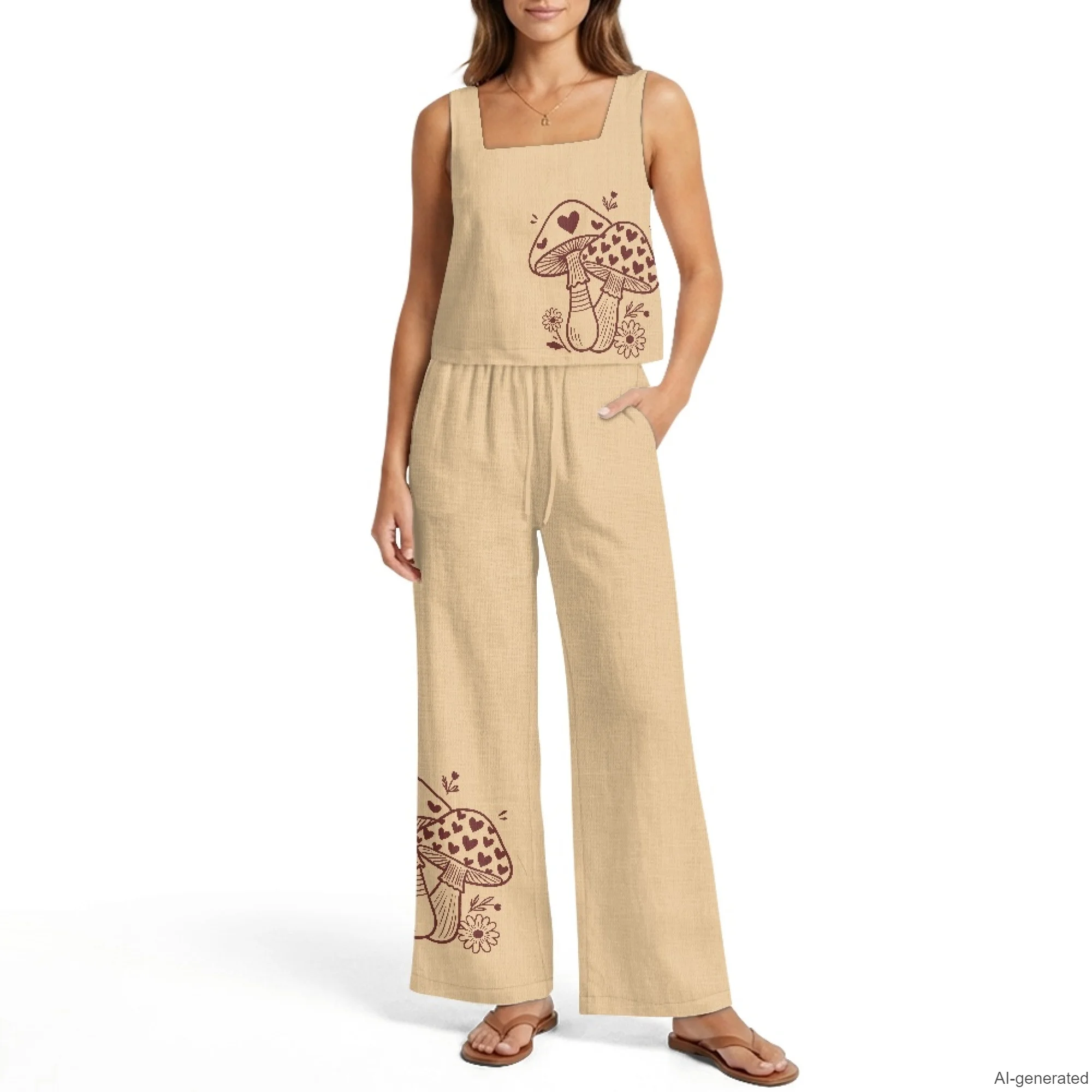 INSTANTARTS Women's Vest Wide-Leg Pants Linen Suit 2Pc Summer Casual Outfits Mushroom Sleeveless Vest Wide Leg Pants S-2XL