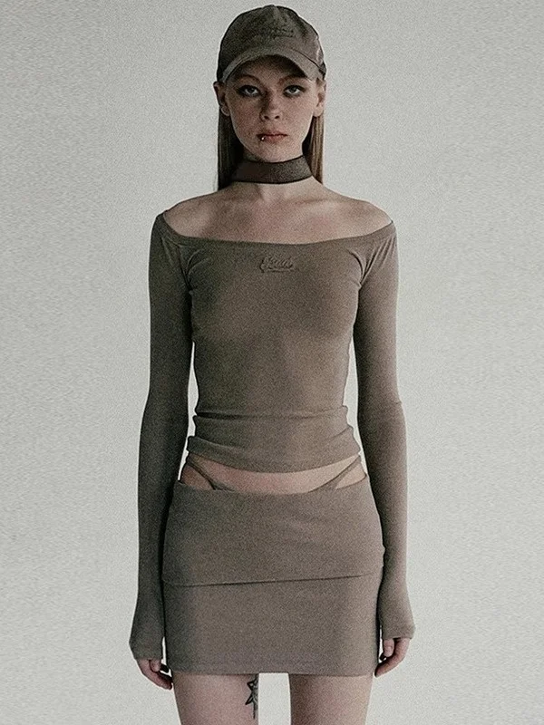 미국 스타일 핫걸 컬러 원숄더 롱 슬리브 티셔츠 여성 슬리밍 베이스 레이어 탑 트렌디 코튼 통기성