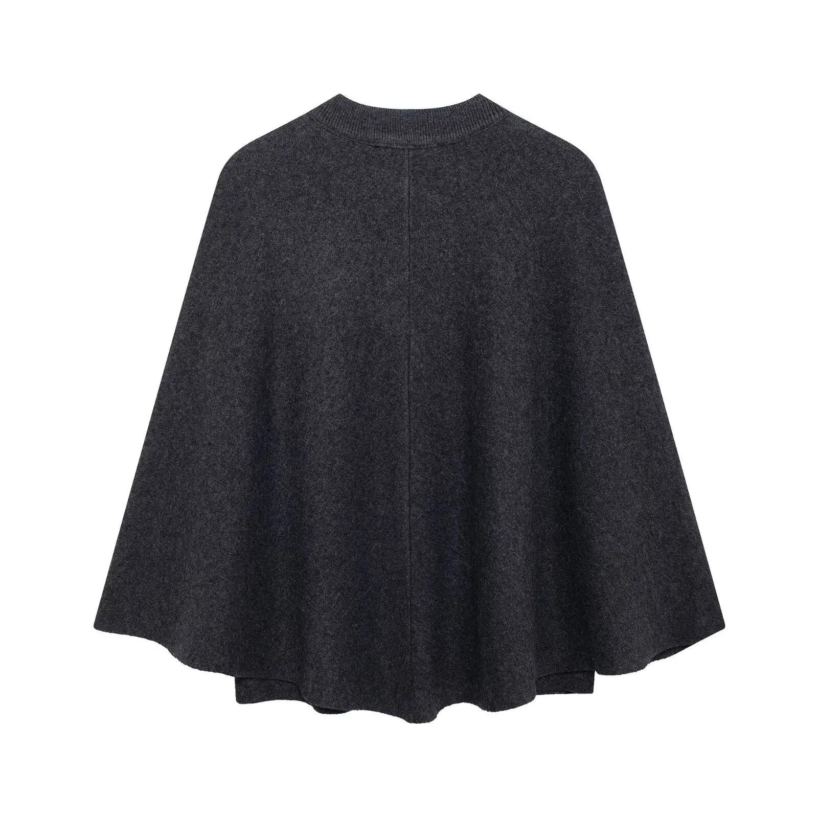 TRAFZA Elegant Women Cape Knitted Sweater Coat Metal Buckle Dark Gray Cape Coat New 2024 Spring Fall Fashion Casual Cape Sweater