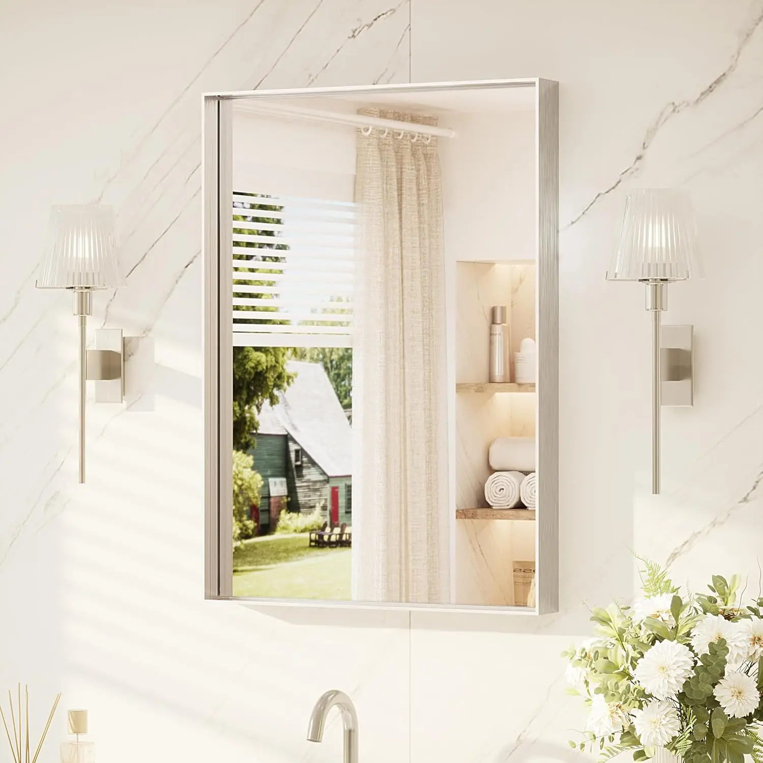 

Brushed Nickel Bathroom Mirror 22" x 30" Vanity Mirror for Over Sink Brushed Nickel, Tempered Glass, Modern Farmhouse Rectangle
