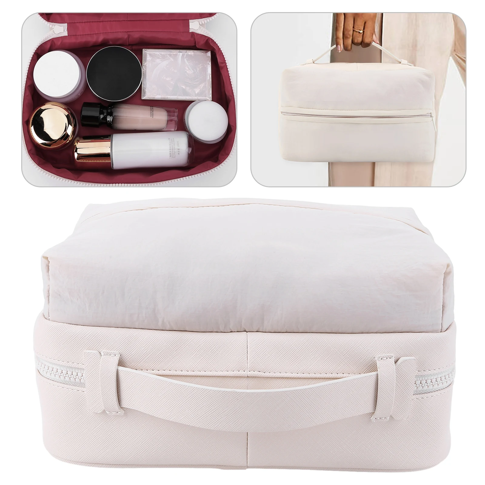 

PU Leather Cosmetic Bag with Handle and Pockets Make Up Organizer Case Zipper Closure Large Capacity Fluffy for Women and Girls